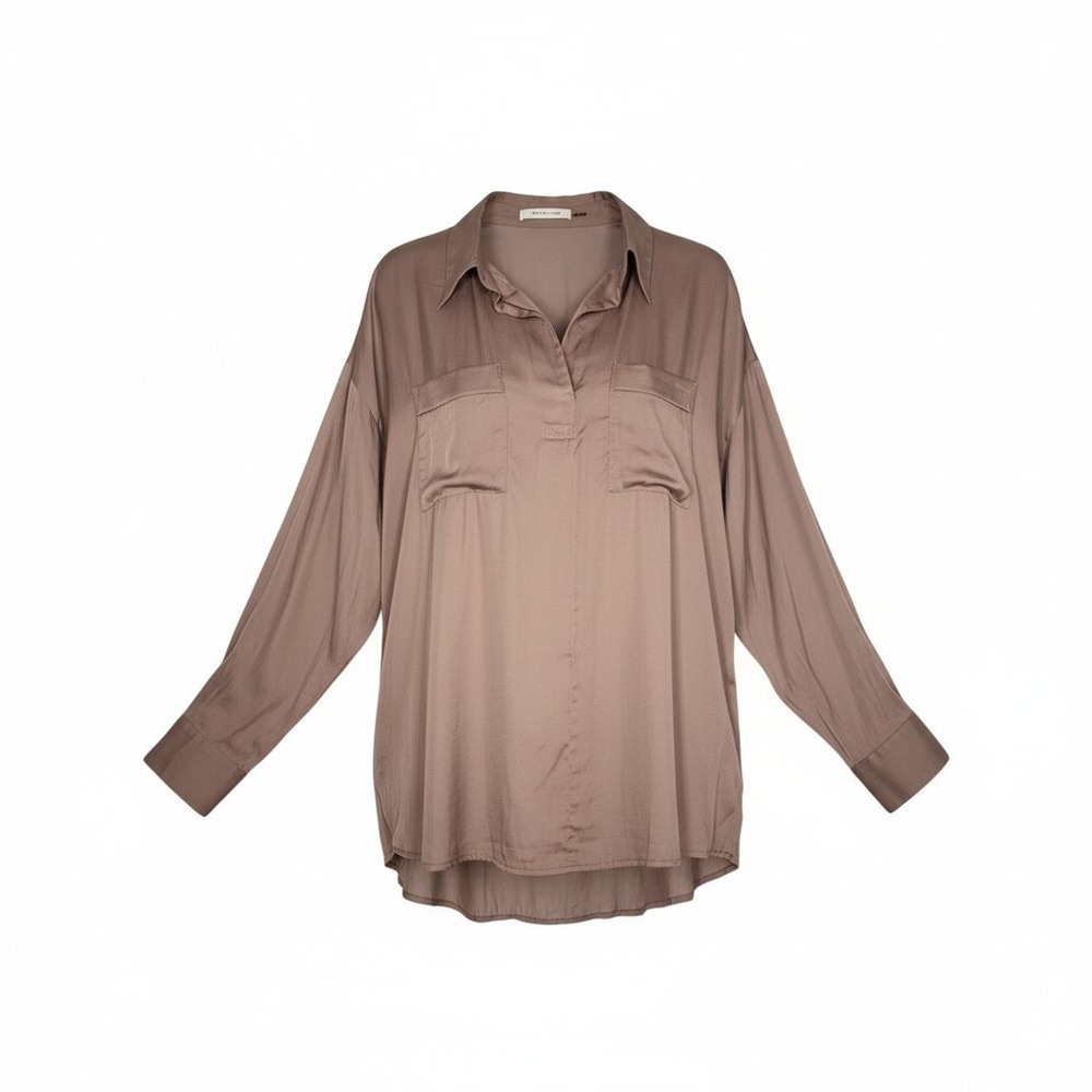 Mustard Seed Oversized‎ Blouse M Taupe Long Sleeve Buttonless V-Neck Top
